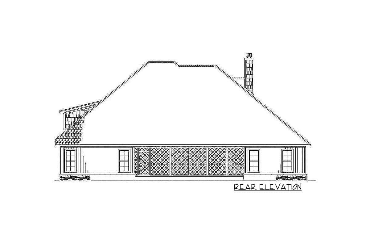 Rear elevation house plan drawing showing a hipped roof, dormer, chimney, and screened porch.