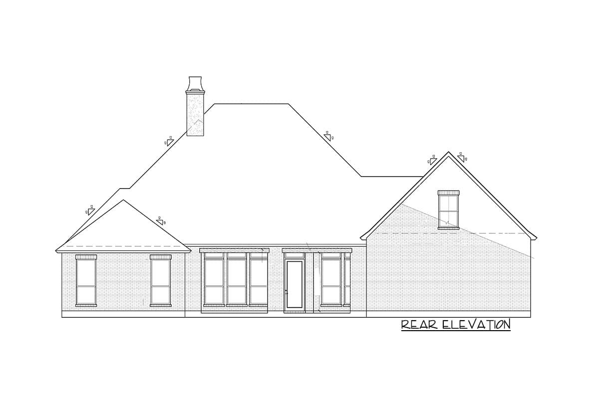 Rear elevation of a house plan showing a brick facade, multiple gables, a chimney, and a windowed dormer.