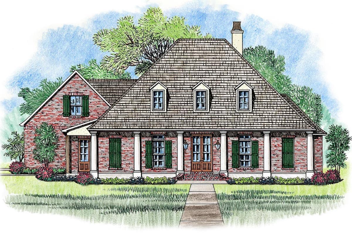 House plan exterior featuring a two-story brick home. Key features include a gabled roof, dormers, and a covered porch with columns.