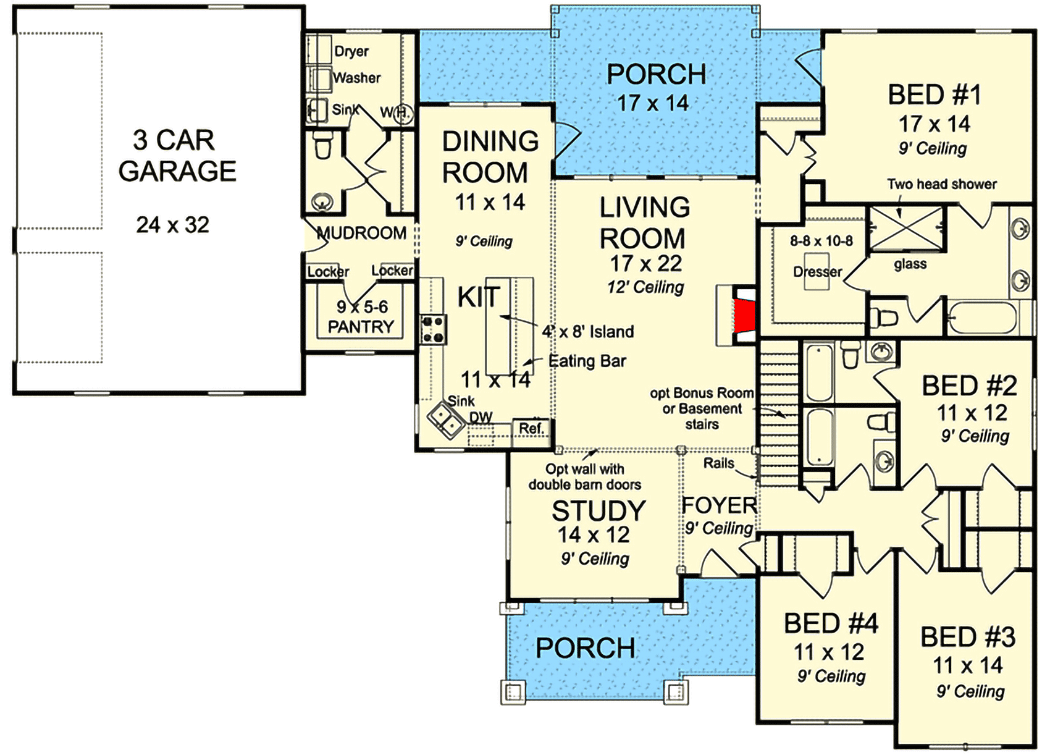 Plan 52286WM: Country Home Plan with Bonus room and Split Bedroom Layout - Floor Plan - Main Level - Country, Farmhouse, Ranch, Traditional