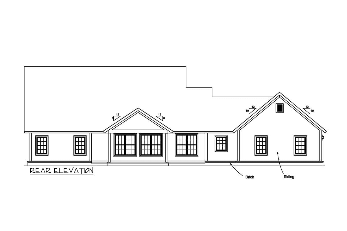 Rear elevation drawing of a house plan with gables, dormer, and varied window styles. Brick and siding indicated.