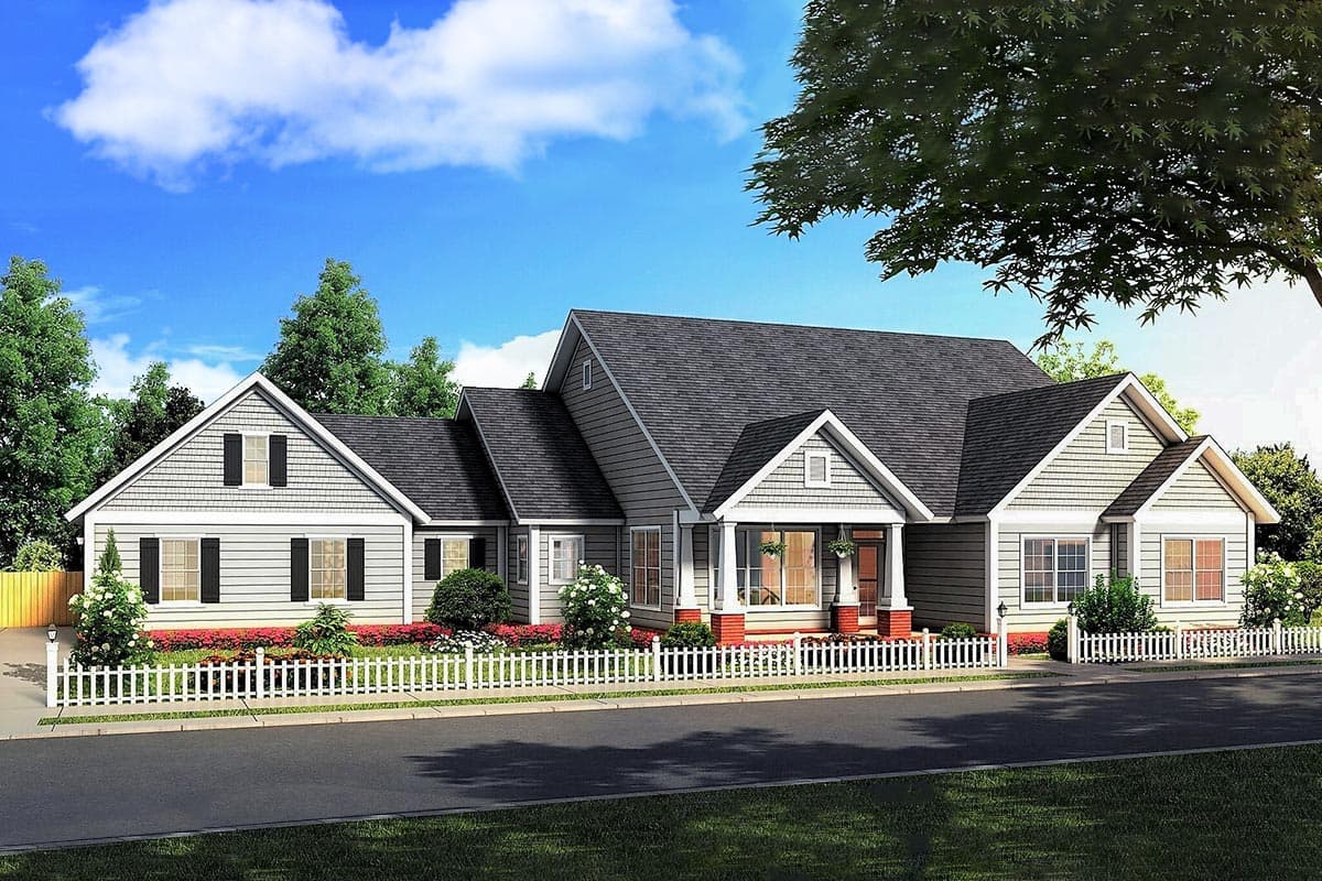 House plan exterior featuring a two-story Craftsman style home with multiple gables, a covered porch, and a shingled roof.