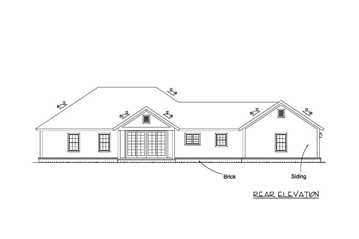 Rear elevation drawing of a single-story house plan featuring a prominent gable, double doors, multiple windows, brick and siding.