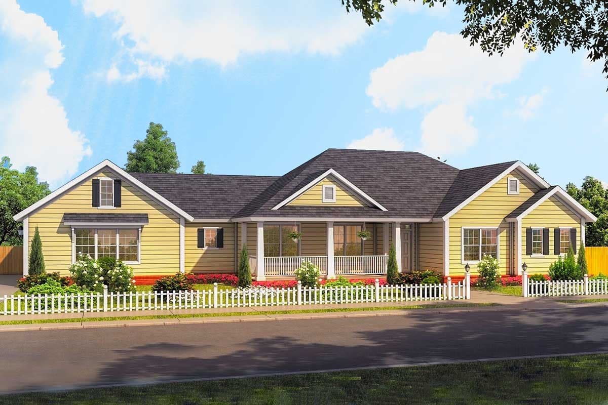 House plan exterior. Single-story Ranch style home with a front porch, multiple gables, and a prominent roofline with dormers.