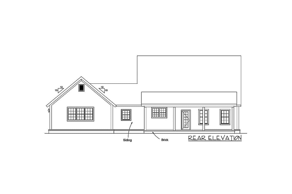 Rear elevation house plan drawing. Features a gable roof, dormer, siding and brick accents, and a covered porch.