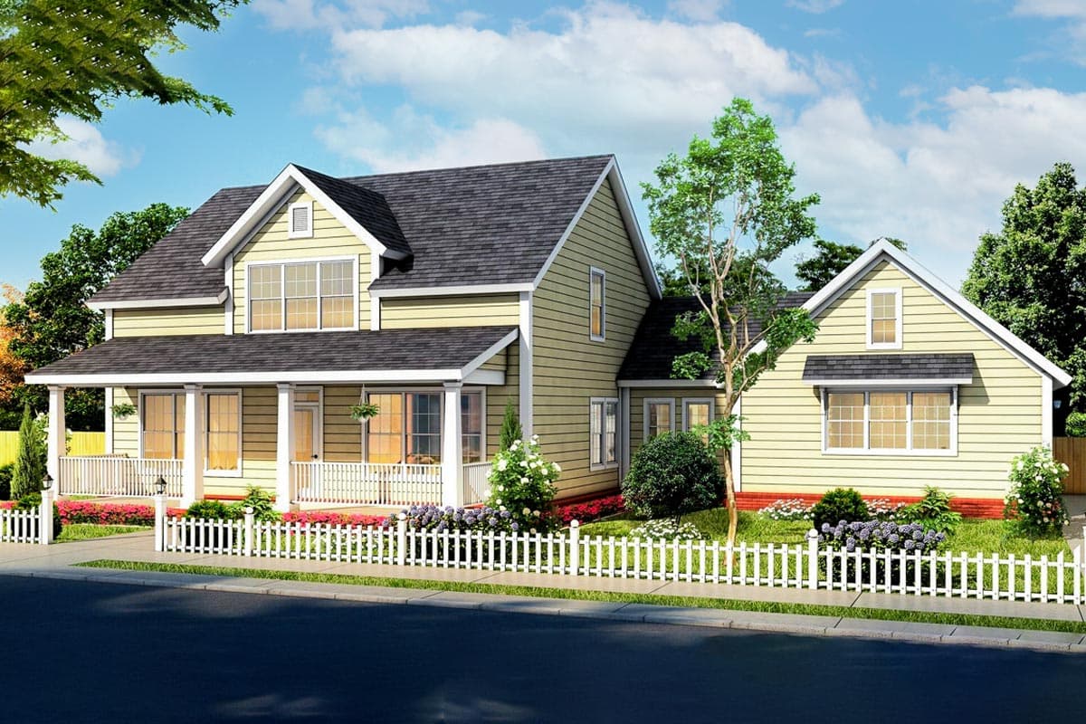 House plan exterior. Two-story Craftsman style home with front porch, multiple gables, and a prominent roofline with dark shingles.