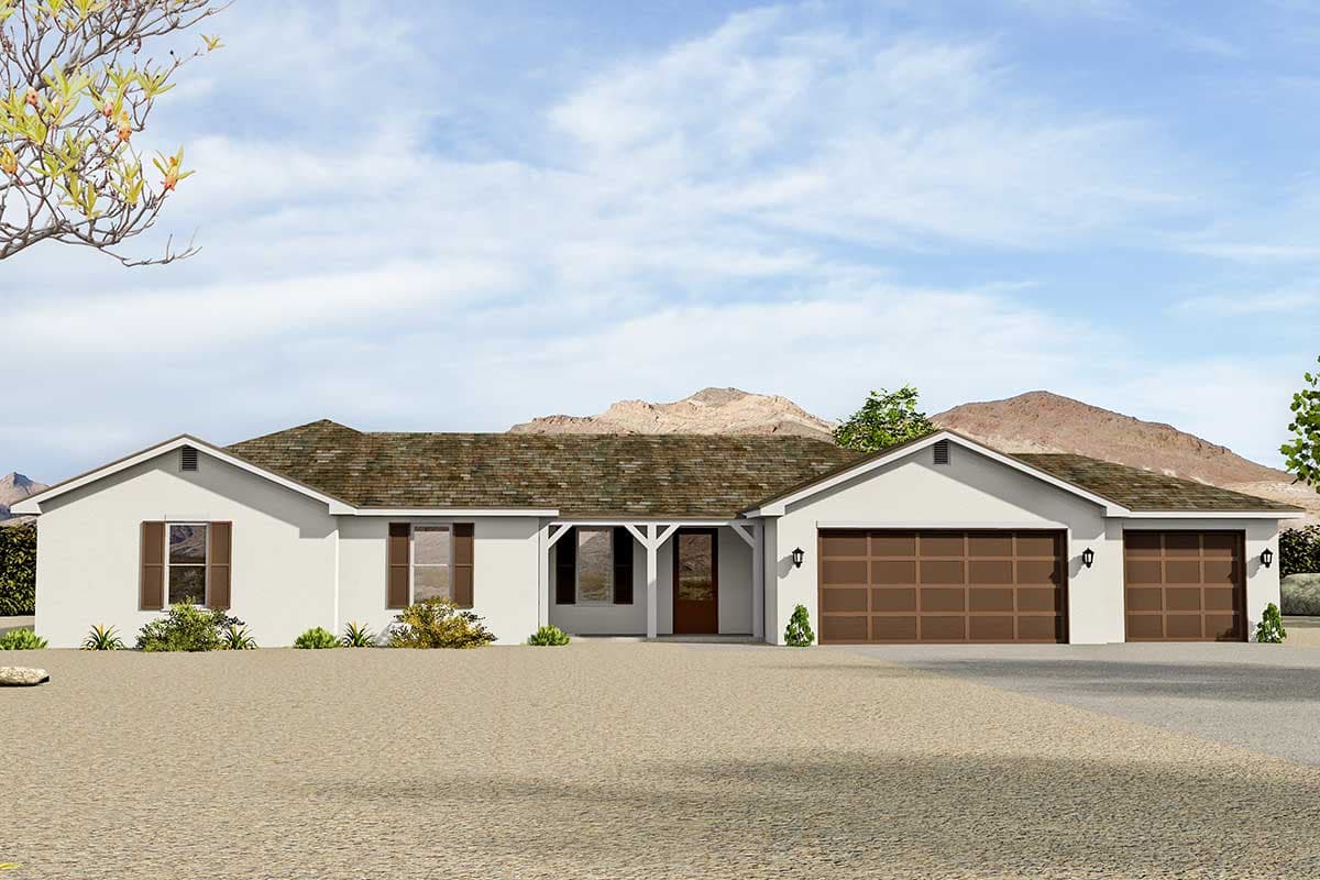 House plan exterior. Single-story home with a gabled roof, a covered porch, and a side-entry garage. Features window shutters and sconce lighting.