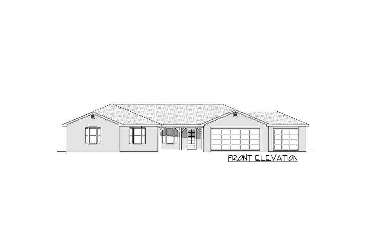 Front elevation house plan. Single-story ranch with covered porch, gable, and attached two-car garage.