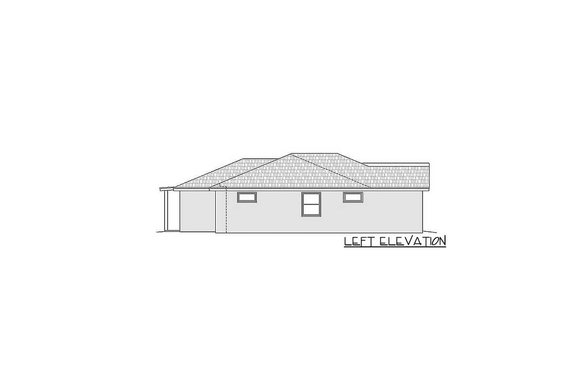Left elevation drawing of a single-story house plan, showing roofline and three windows.