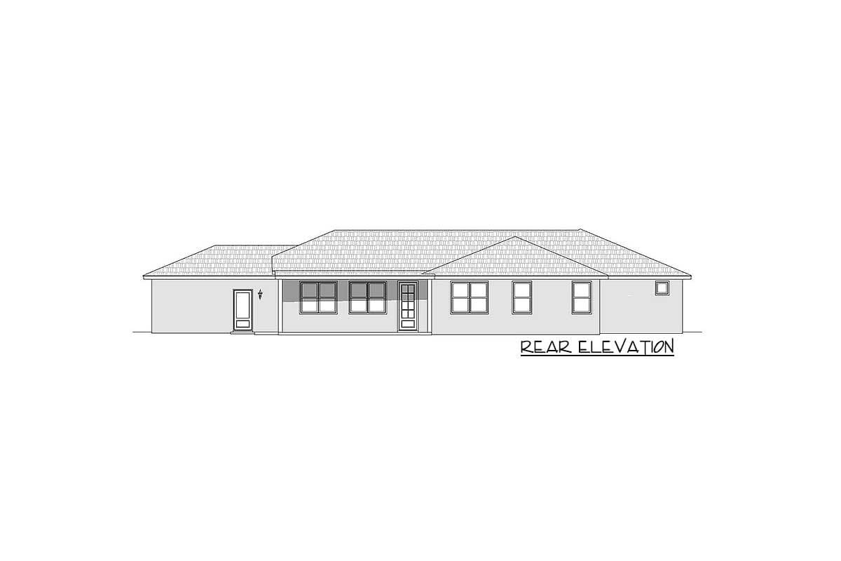 Rear elevation drawing of a single-story house plan with multiple windows and a prominent roofline.