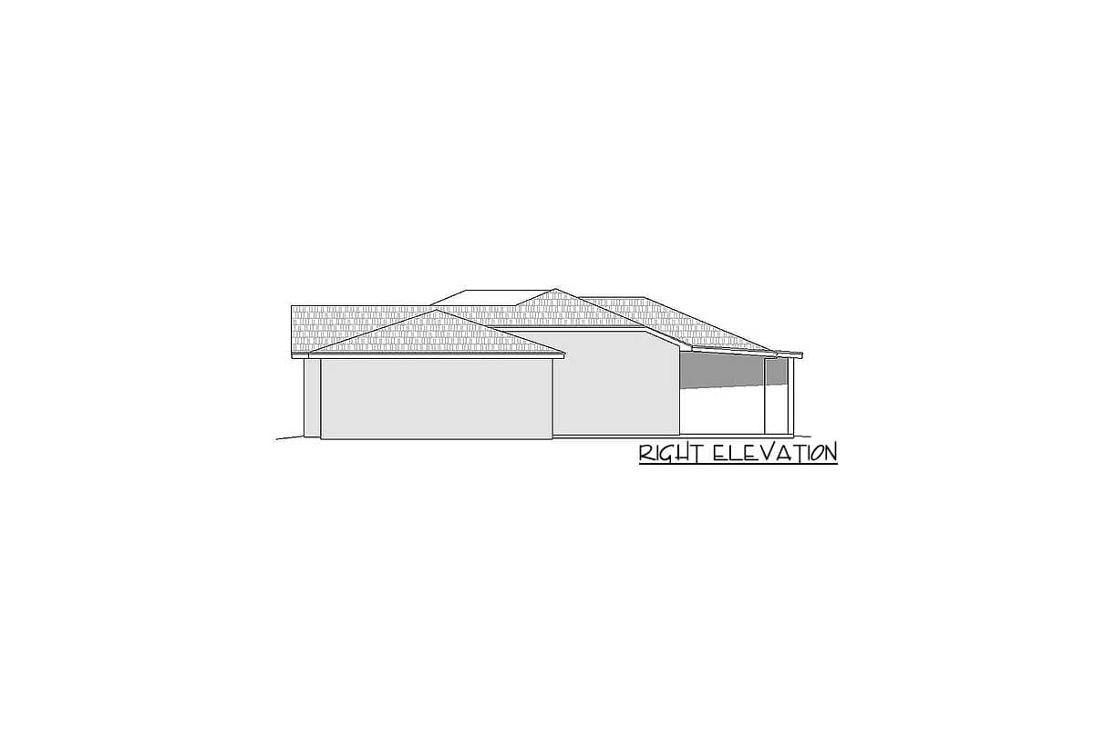 Right elevation drawing of a single-story house plan with a covered porch and complex roofline.