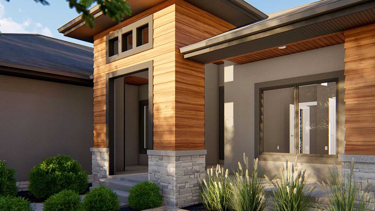 Modern house plan exterior with wood siding, stone base, and deep eaves. Features a covered entry with clerestory windows.