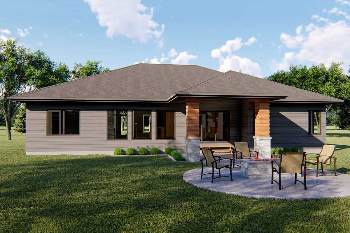Modern ranch house plan exterior, single story, featuring horizontal siding, stone accents, and covered entry.