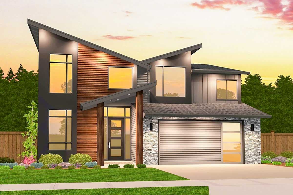 Modern house plan exterior with angular rooflines, wood siding, stone accents, and a two-car garage.