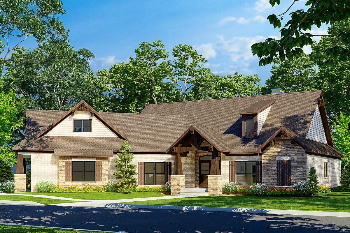 House plan exterior: One-story home with stone and shingle accents, prominent gables, and a covered entry porch with timber supports.