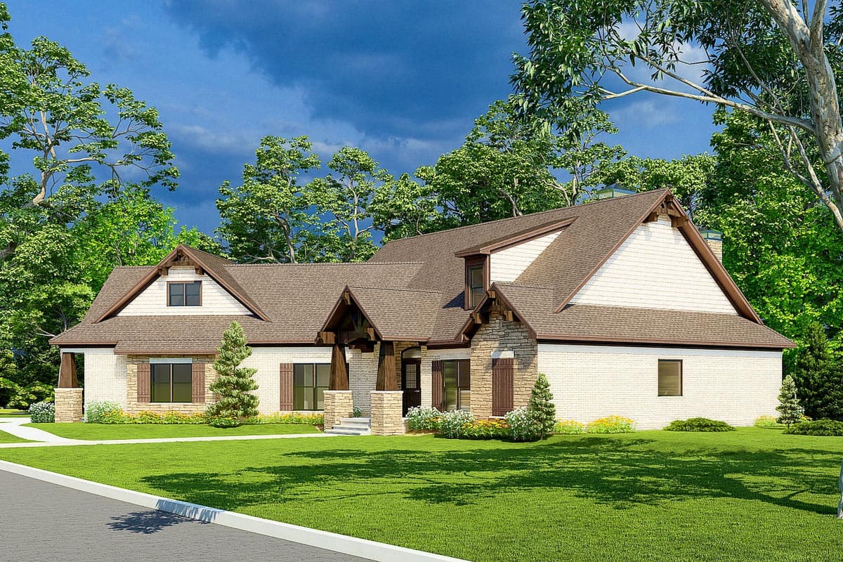 House plan exterior of a two-story home with brick and stone accents, multiple gables, and a covered entry.