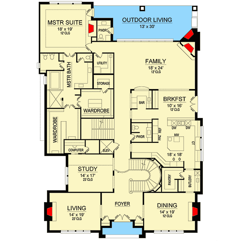Plan 36554TX: Striking Hill Country Home Plan with Drive-Under Garage - Floor Plan - Main Level - Country, Craftsman, Hill Country, Traditional