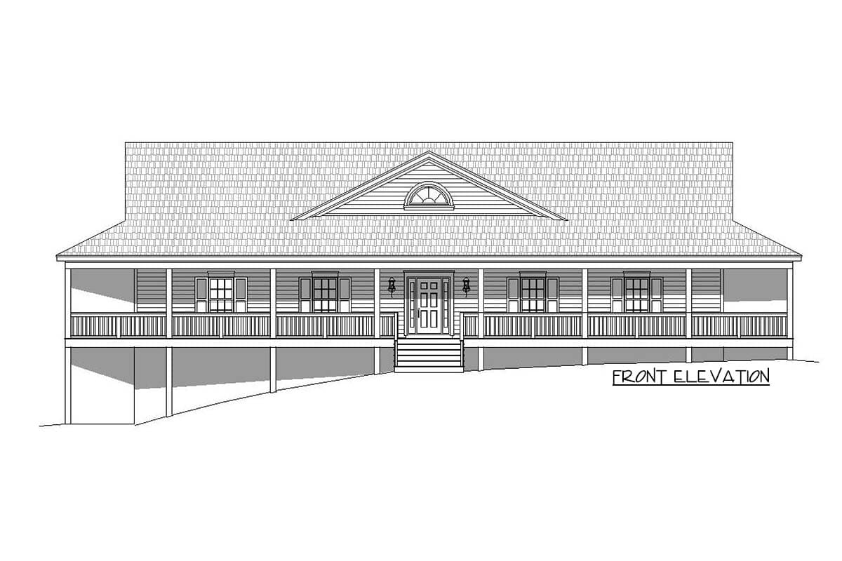 Front elevation of a single-story house plan featuring a full-width porch, gabled roof, and a central arched window.