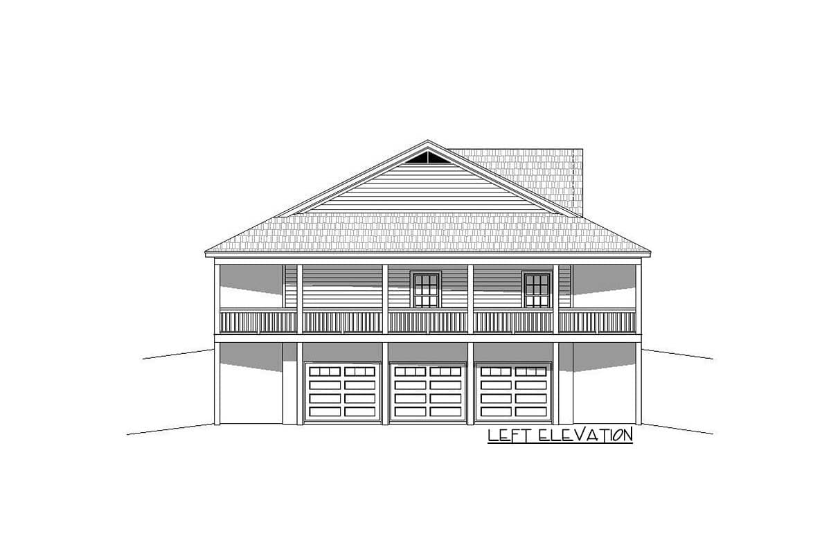 House plan left elevation with a full-width porch, gable, and three-car garage.