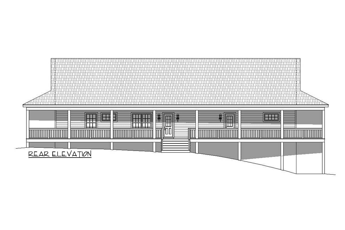 Rear elevation drawing of a house plan featuring a full-width covered porch with decorative railings and central stairs.