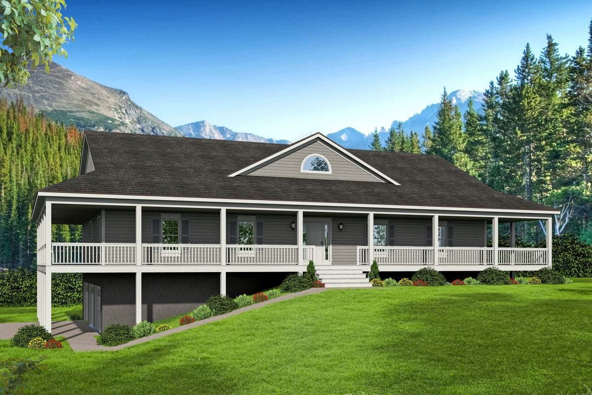 House plan exterior. Ranch style with a full-length porch, dormer, and a gable over the entry. Two stories with a garage below.