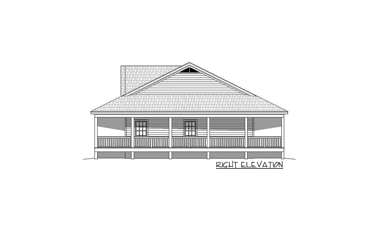 Right elevation drawing of a house plan with a wide covered porch, hip roof, and two windows.