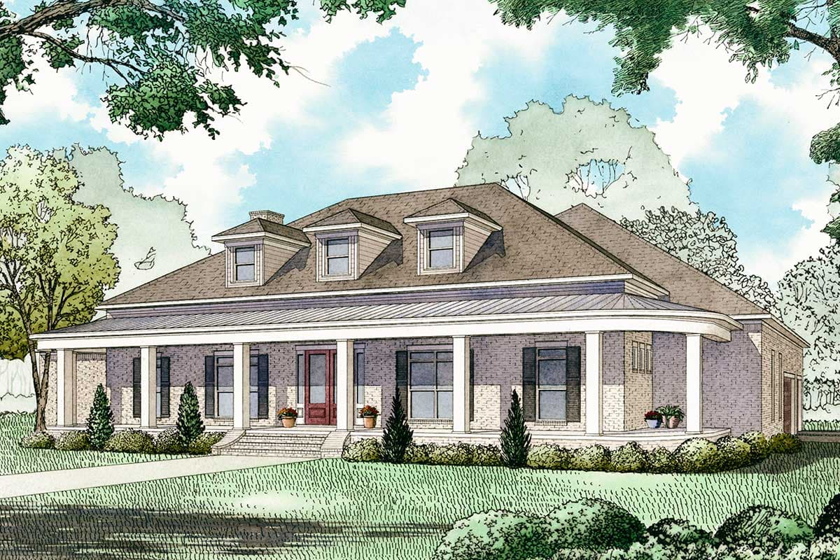 House plan exterior: Single-story brick home with wraparound porch, three dormers, and metal roof accents.