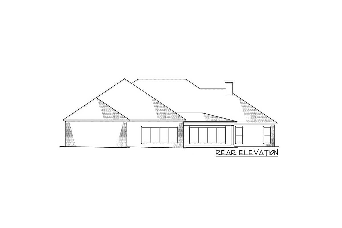 Rear elevation drawing of a single-story house with a prominent gable roofline, a two-car garage on the left, and large sliding glass doors.
