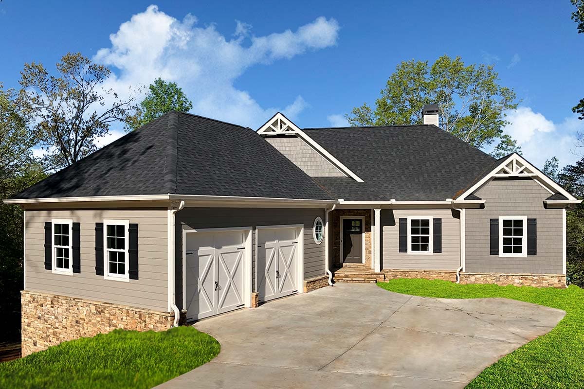 House plan exterior. Ranch style with two stories, a front-entry garage, gables, and a mix of horizontal siding and stone veneer.