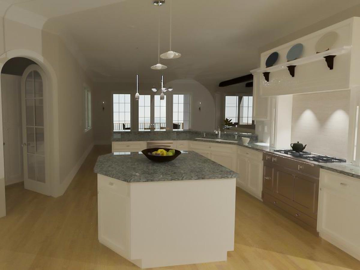 Interior rendering of a spacious kitchen with a center island, granite countertops, white cabinetry, and a gas range.