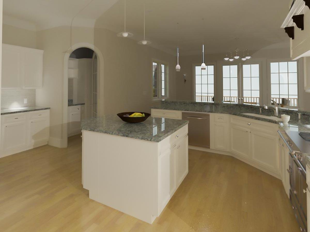 Kitchen interior with white cabinets, granite countertops, a central island, and large windows overlooking a balcony.
