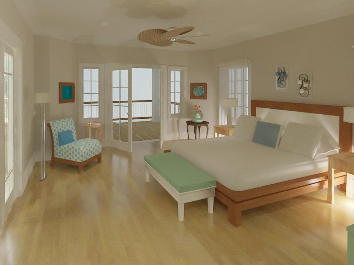 Interior rendering of a bedroom with a king-size bed, patterned accent chair, ceiling fan, and French doors opening to a balcony.