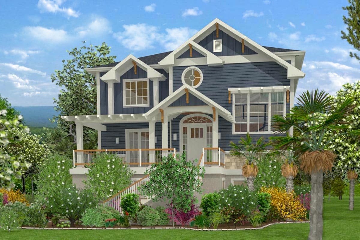 House plan exterior. Two-story Craftsman home with a front porch, gabled roof, and decorative brackets. Features include a round window and dormers.