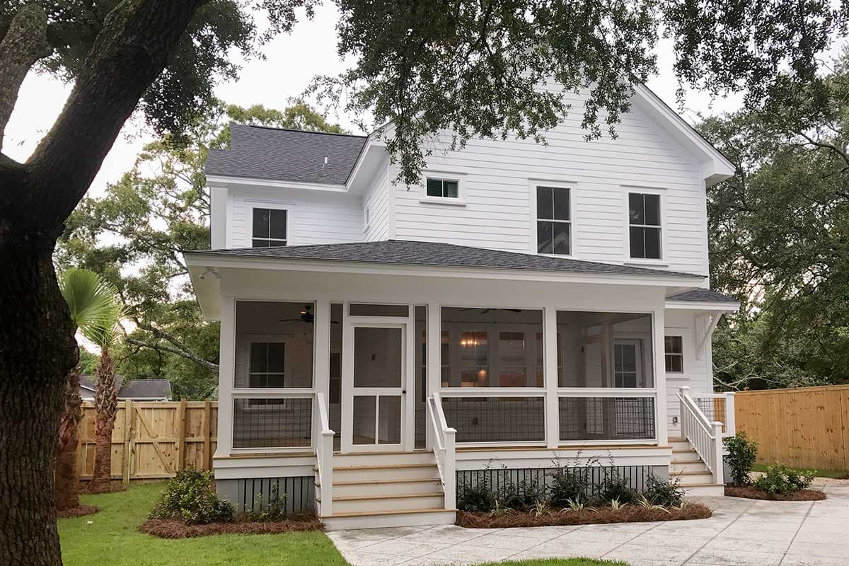 House plan exterior of a two-story white siding home with a large screened porch, gabled dormer, and dark shingle roof.