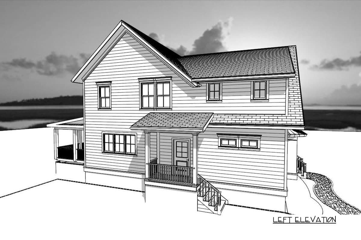 Left elevation drawing of a two-story house plan with a covered front porch, gables, and double-hung windows.