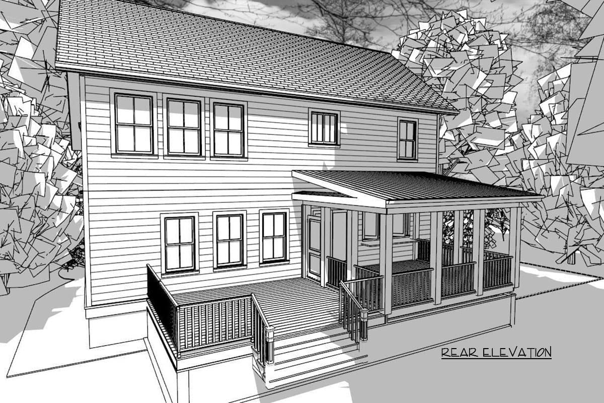 Rear elevation house plan drawing. Two-story house with lap siding, multiple windows, a covered porch, and a deck.