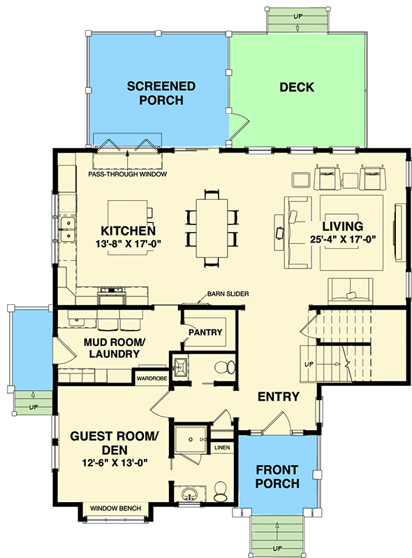 Plan 765002TWN: Attractive Cottage with Downstairs Den - Floor Plan - Main Level - Cottage, Country, New American, Traditional