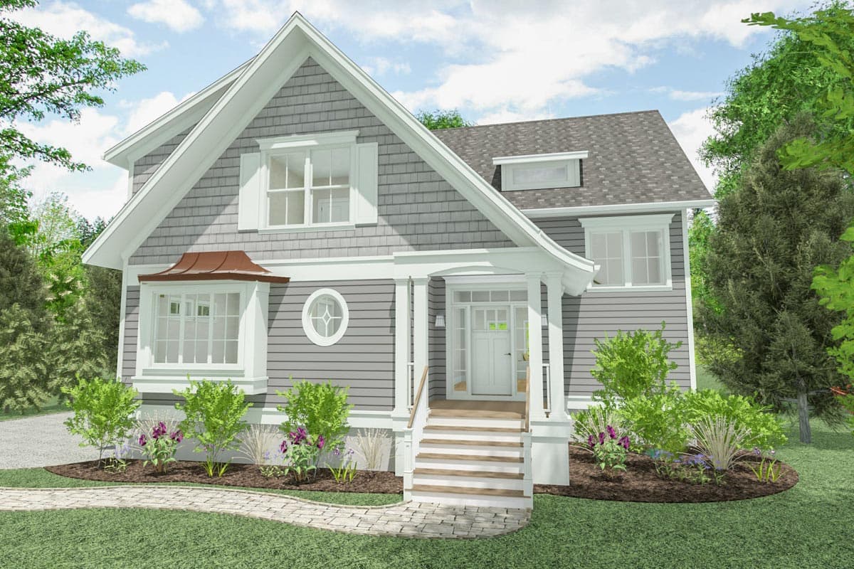 House plan exterior. Two-story home with Craftsman style. Features include gabled roof, bay window, and a covered porch with tapered columns.