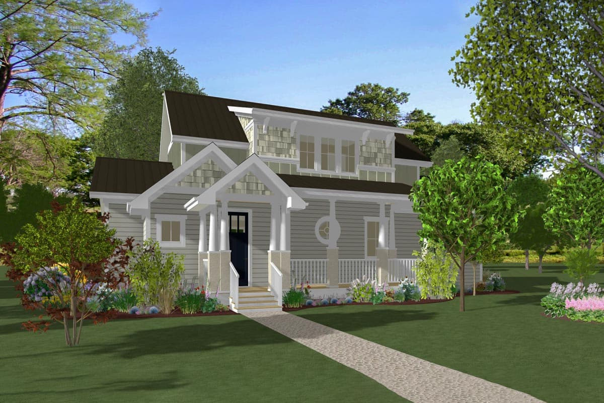 House plan exterior. Two-story Craftsman home with a front porch, gabled roof, and decorative shingle siding. Includes a circular window detail.