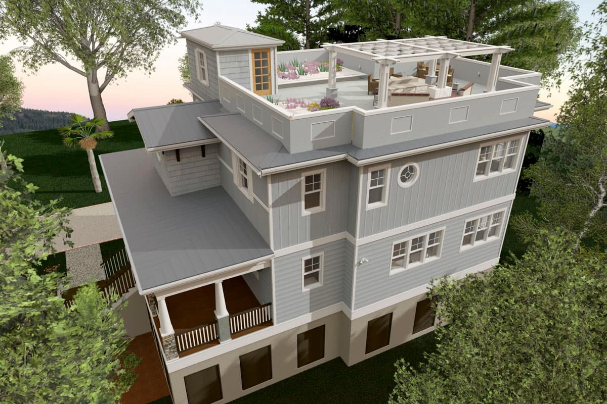 House plan exterior: three-story home with covered porch, multiple gables, and rooftop deck with pergola.