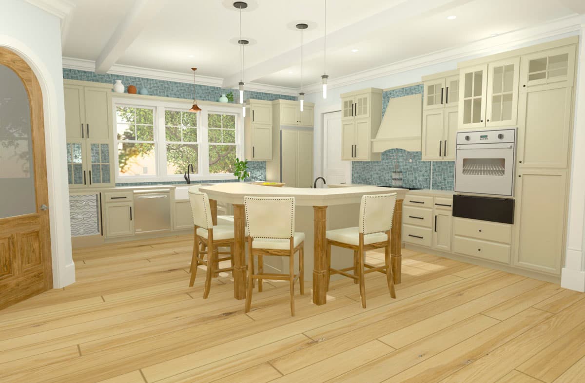 Kitchen interior with large island, light cabinets, farmhouse sink, built-in oven, and windows.