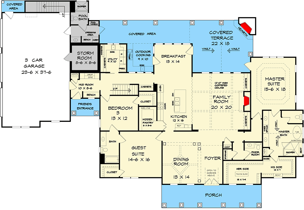 Plan 360014DK: Country Styling with Future Bonus Space - Floor Plan - Main Level - Country, New American, Southern, Traditional
