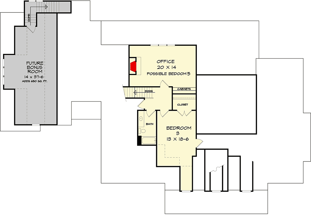 Plan 360014DK: Country Styling with Future Bonus Space - Floor Plan - 2nd Floor - Country, New American, Southern, Traditional