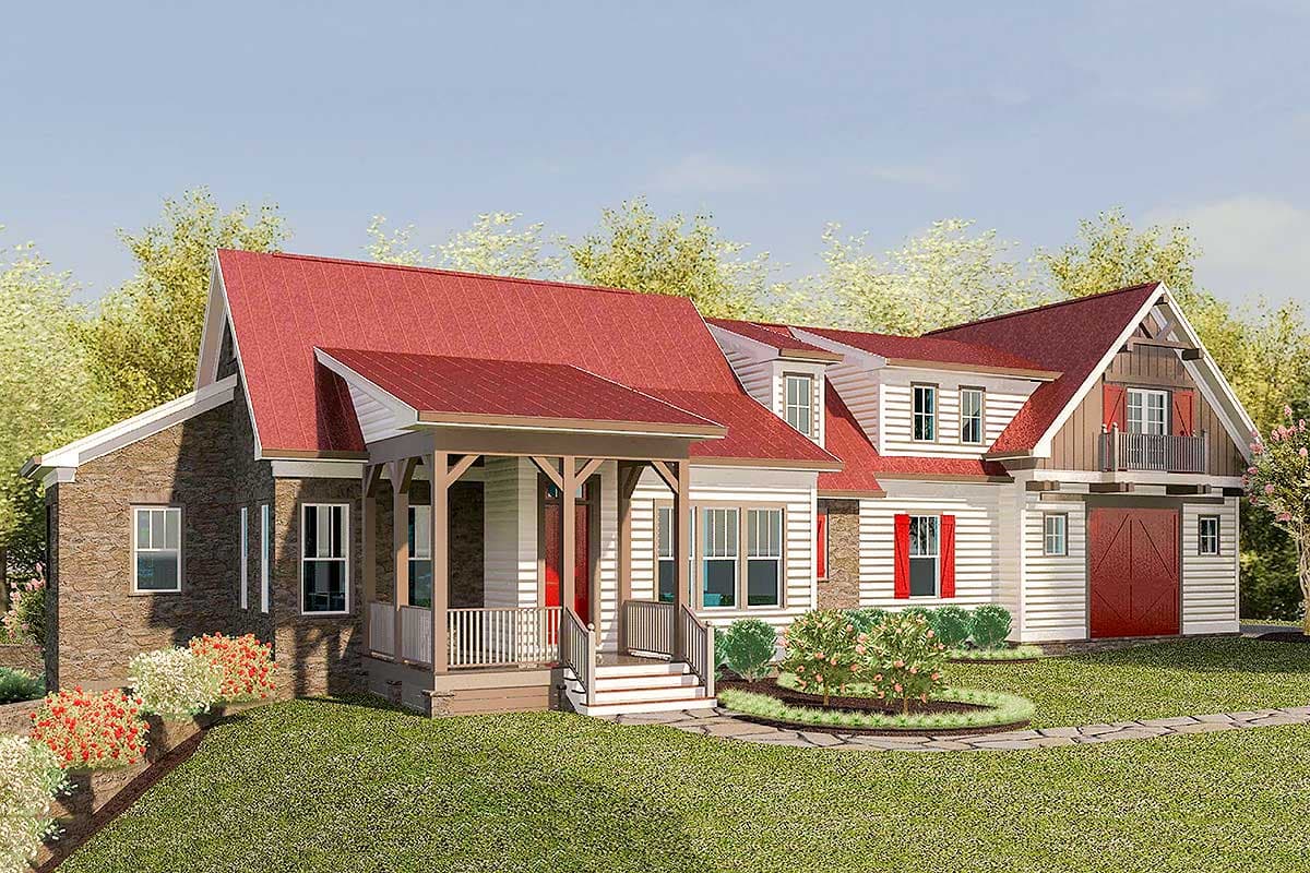 House plan exterior. Two-story with Craftsman details: gable roof, front porch, and garage with second-story balcony.