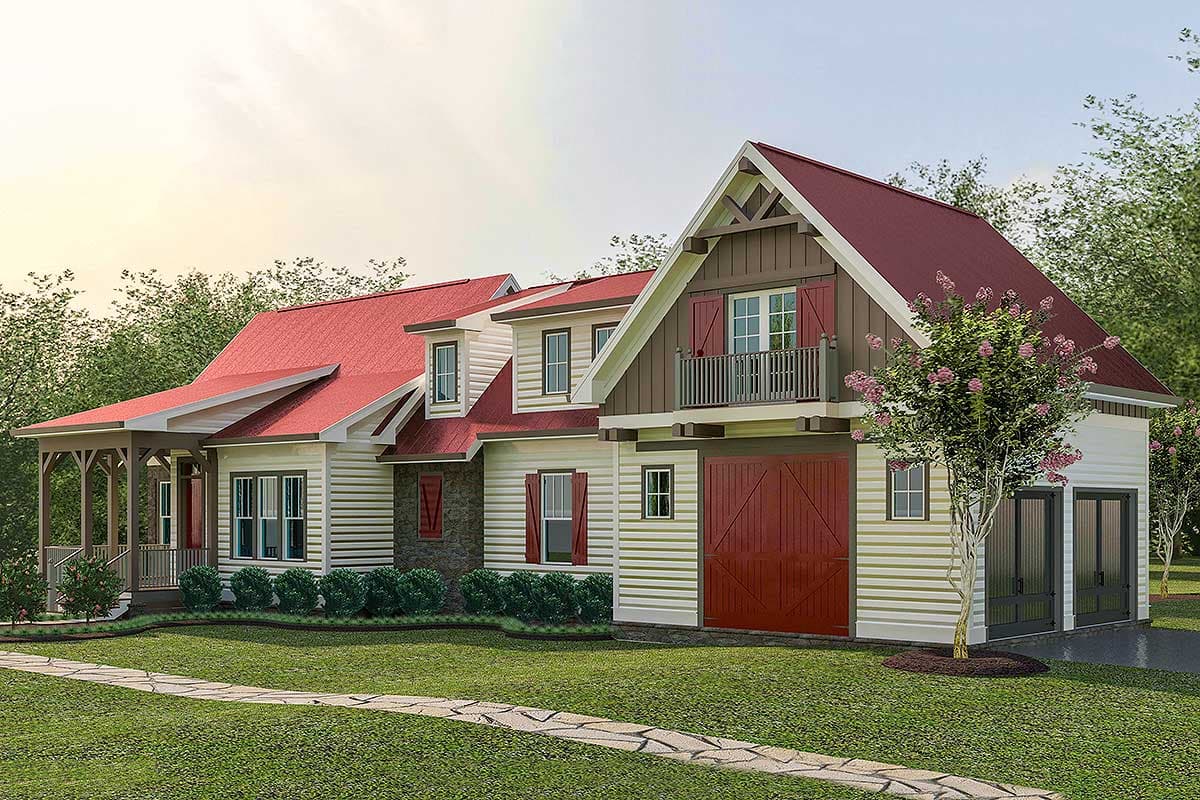 House plan exterior: Modern Farmhouse style with a covered porch, dormers, and a two-car garage with a carriage door.