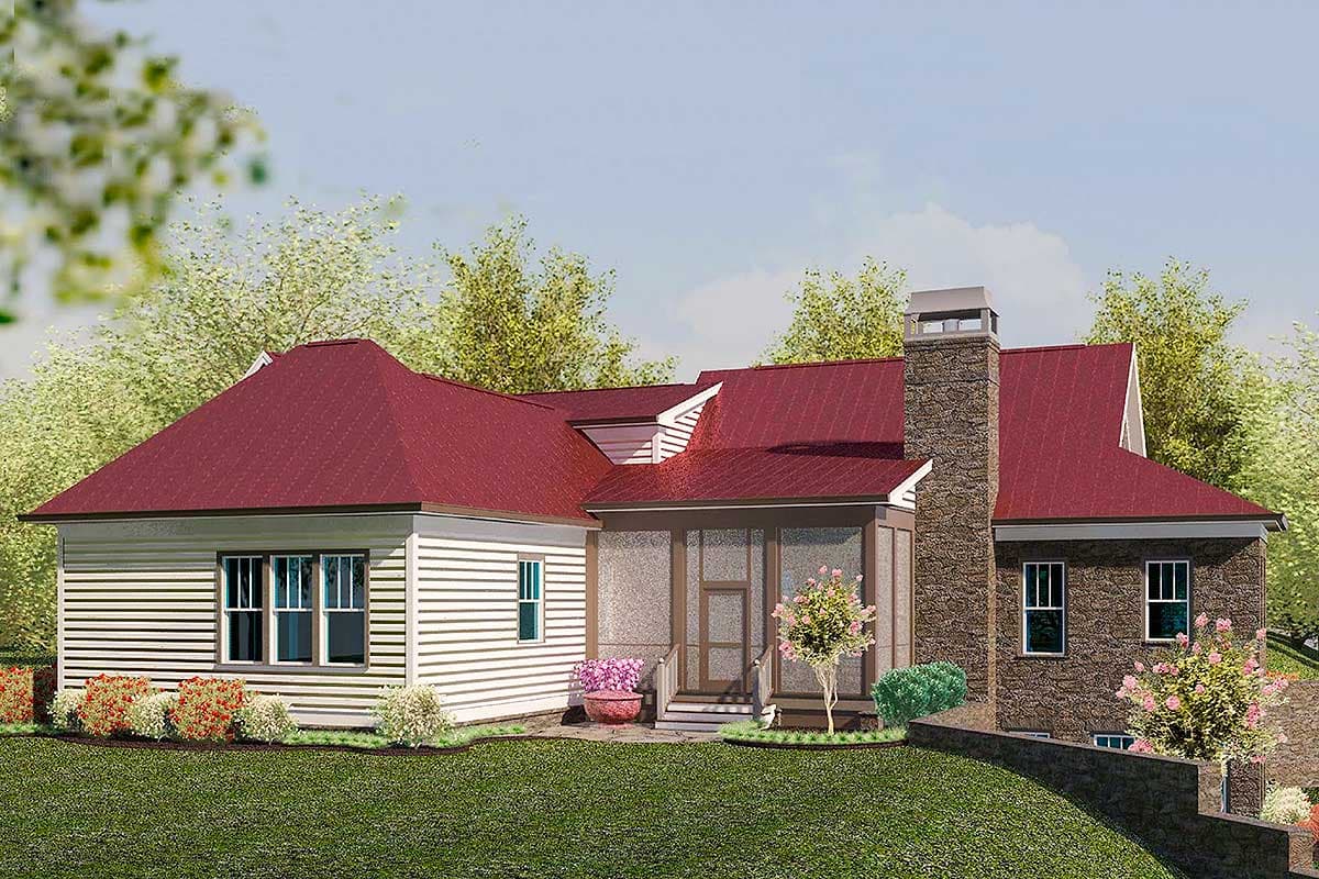 House plan exterior featuring a screened porch, stone chimney, and mixed siding and stone exterior with a prominent hipped roof.