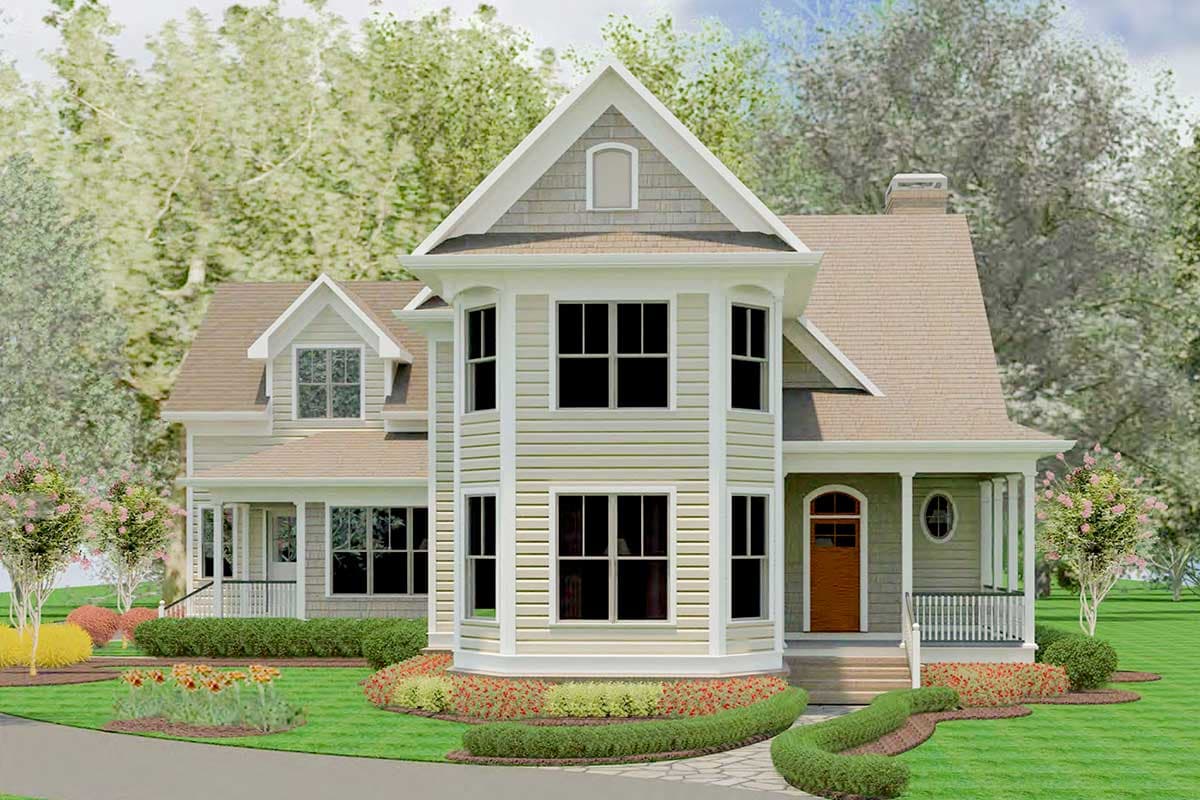 House plan exterior. Two-story home with front porch, multiple gables, and bay window. Features include a light-colored siding and a brown roof.