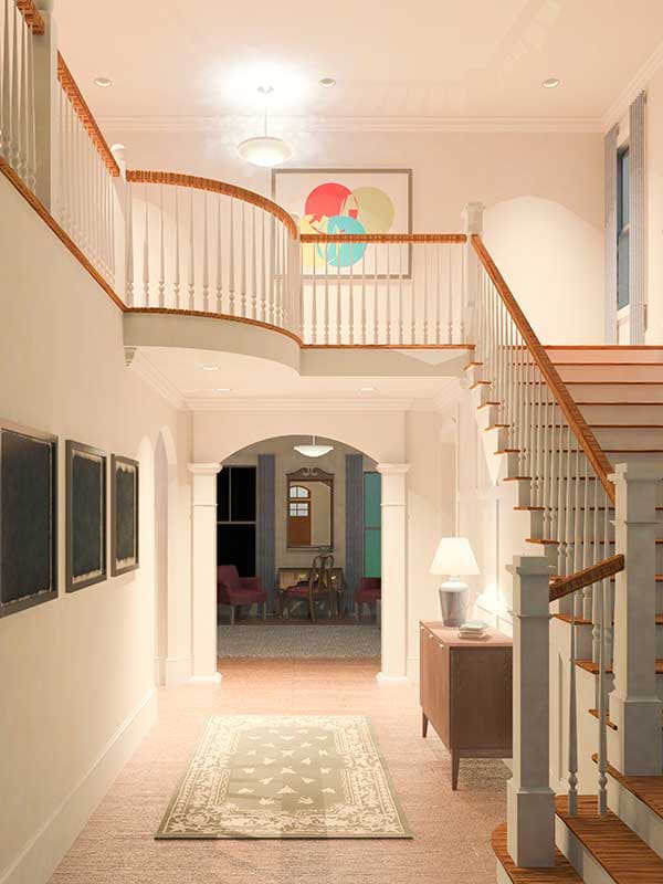 Interior rendering: foyer with curved banister, staircase, arched doorway to living area, and artwork.