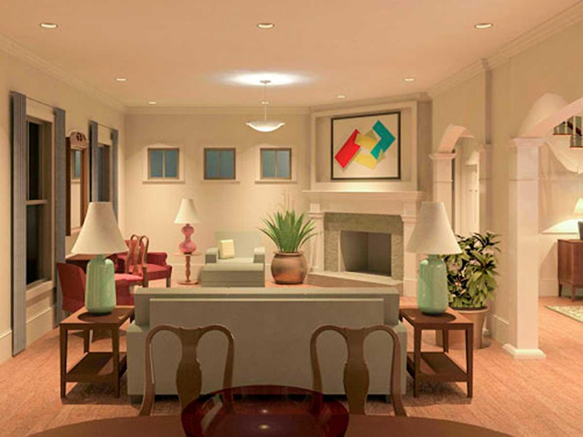 Interior rendering of a living room with fireplace, mantel, abstract art, sofa, and two side tables with lamps.
