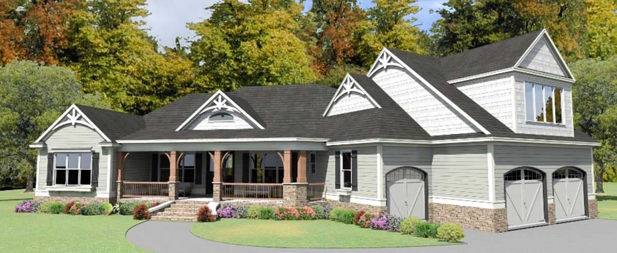 House plan exterior. Craftsman style, single-story home with a wraparound porch, gabled roof, and a two-car garage.